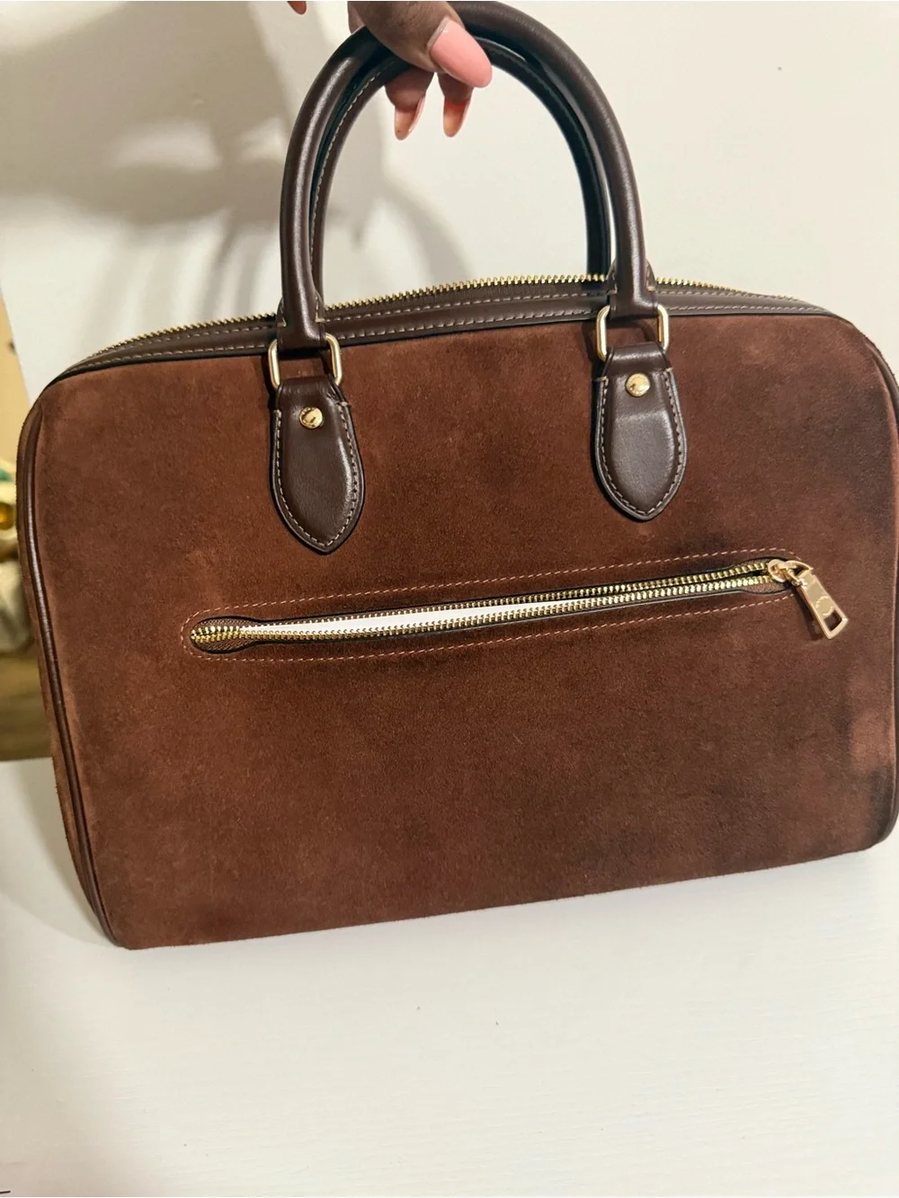 Coach Rowan Brown Suede Satchel with Dark Brown Leather Trim charms not included